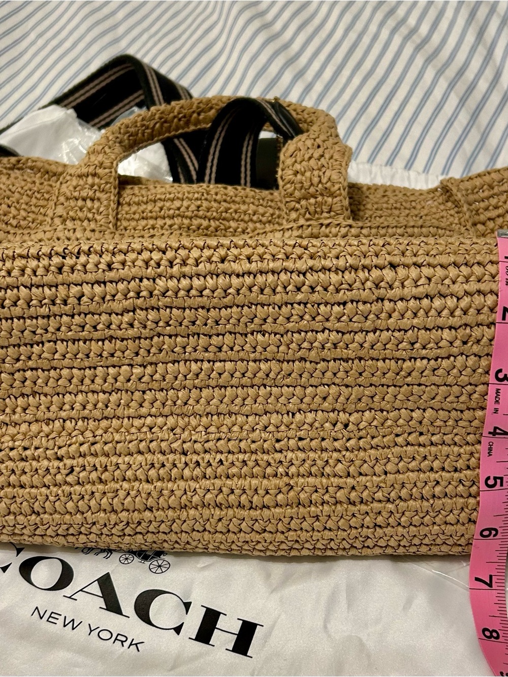 Coach Tan Woven Straw Tote with Brown Leather Patch - Picture 3 of 10